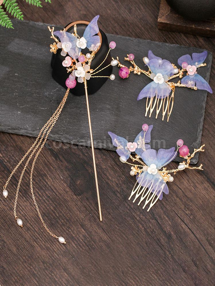 Chinese Style Lolita Accessories Purple Butterfly Headwear Metal Miscellaneous coscarnival