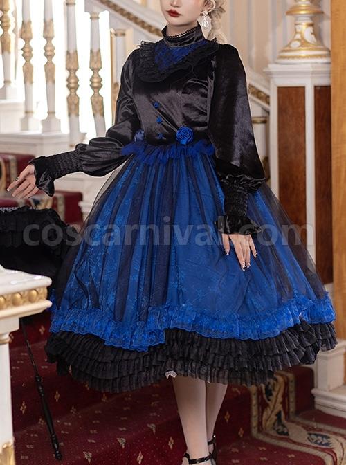 Lonely Laura Series Elegant Mysterious Jacquard Detachable Blue Rose Bowknot Lace Petal Hem Design Gothic Lolita Long Sleeve Dress coscarnival