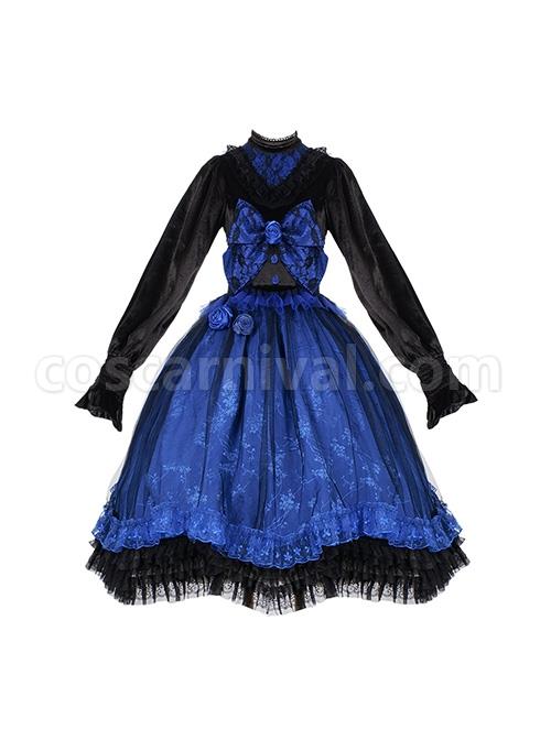 Lonely Laura Series Elegant Mysterious Jacquard Detachable Blue Rose Bowknot Lace Petal Hem Design Gothic Lolita Long Sleeve Dress coscarnival
