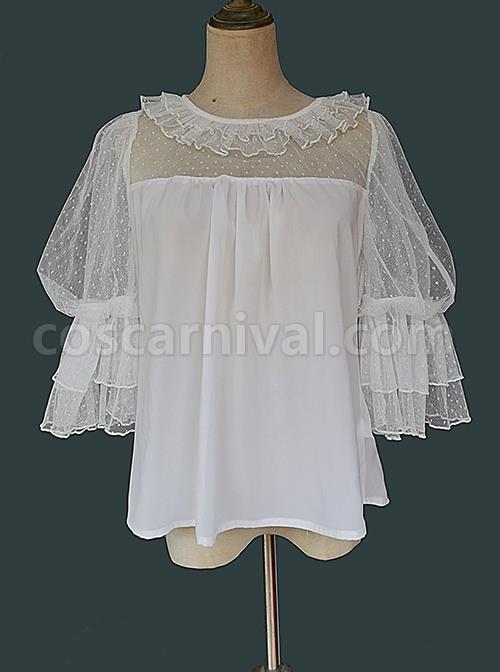 Loose And Comfortable Regular Lace Pleated Ruffled Neckline Design Double Lace Short Sleeves Classic Lolita Blouse coscarnival