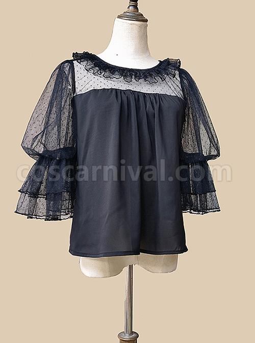 Loose And Comfortable Regular Lace Pleated Ruffled Neckline Design Double Lace Short Sleeves Classic Lolita Blouse coscarnival
