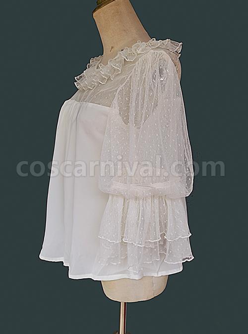 Loose And Comfortable Regular Lace Pleated Ruffled Neckline Design Double Lace Short Sleeves Classic Lolita Blouse coscarnival