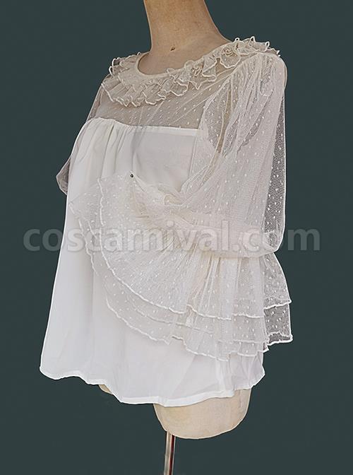 Loose And Comfortable Regular Lace Pleated Ruffled Neckline Design Double Lace Short Sleeves Classic Lolita Blouse coscarnival