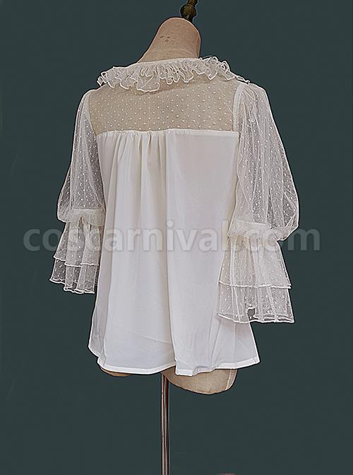 Loose And Comfortable Regular Lace Pleated Ruffled Neckline Design Double Lace Short Sleeves Classic Lolita Blouse coscarnival