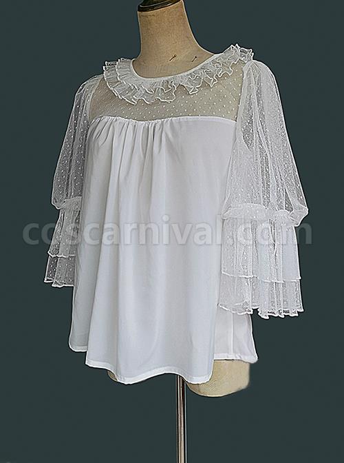 Loose And Comfortable Regular Lace Pleated Ruffled Neckline Design Double Lace Short Sleeves Classic Lolita Blouse coscarnival