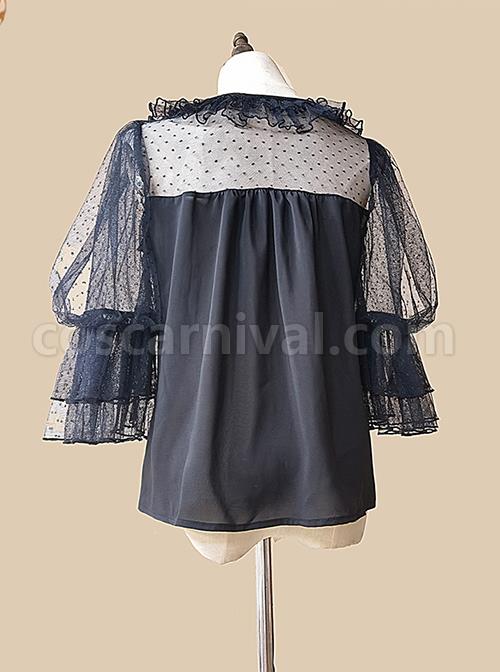 Loose And Comfortable Regular Lace Pleated Ruffled Neckline Design Double Lace Short Sleeves Classic Lolita Blouse coscarnival