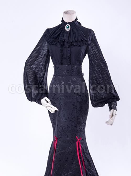 Lorelei Series Stand-up Collar Chiffon Gothic Lolita Ruched Long Sleeve Shirt coscarnival