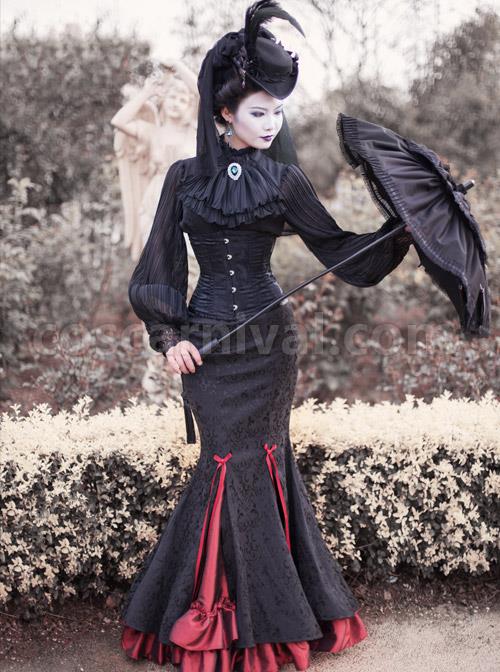 Lorelei Series Stand-up Collar Chiffon Gothic Lolita Ruched Long Sleeve Shirt coscarnival
