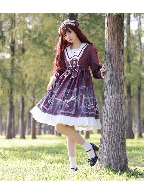 Lost Dreams Series OP Printing Retro Navy Collar Gothic Lolita Long Sleeve Dress coscarnival