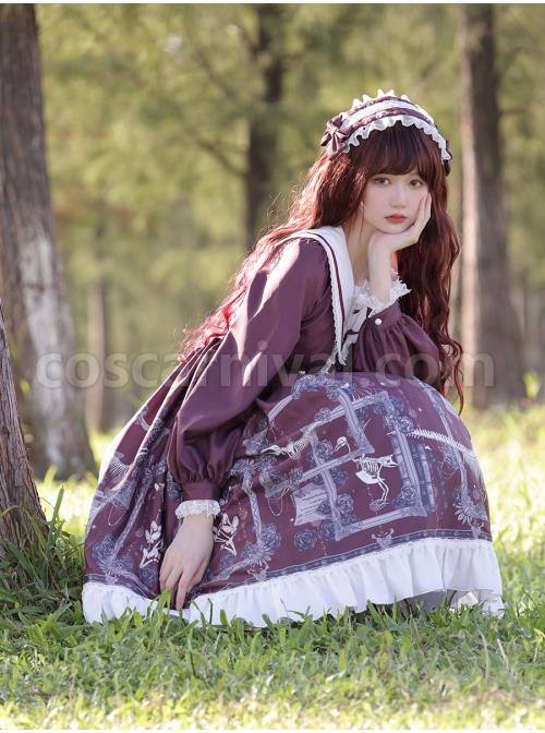 Lost Dreams Series OP Printing Retro Navy Collar Gothic Lolita Long Sleeve Dress coscarnival