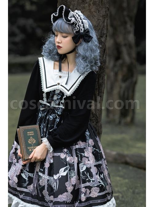 Lost Dreams Series OP Printing Retro Navy Collar Gothic Lolita Long Sleeve Dress coscarnival