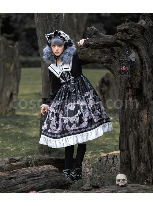 Lost Dreams Series OP Printing Retro Navy Collar Gothic Lolita Long Sleeve Dress coscarnival