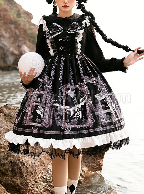 Lost Dreams Series JSK Bowknot Retro Printing Darkness Gothic Lolita Sling Dress coscarnival