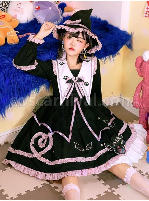 Magic House Series OP Cute Little Devil Cat Ears Pointed Collar Gothic Lolita Halloween Long Sleeve Thick Dress coscarnival