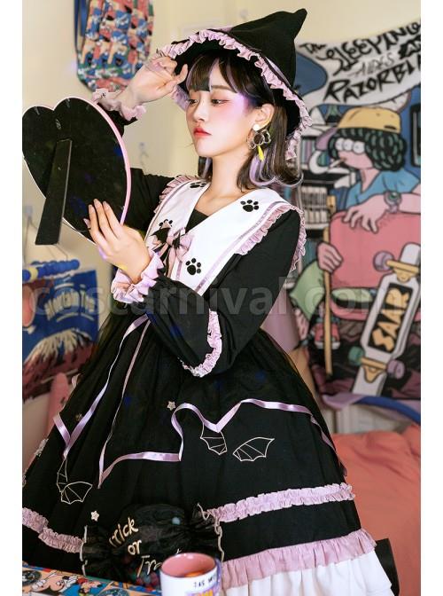 Magic House Series OP Cute Little Devil Cat Ears Pointed Collar Gothic Lolita Halloween Long Sleeve Thick Dress coscarnival