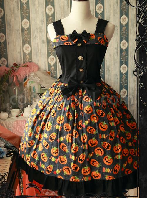 Magic Tea Party Halloween Pumpkin Head Printing Gothic Lolita Sling Dress coscarnival