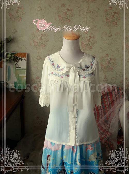 Magic Tea Party Rose Tea Party Series White Chiffon Embroidery Short Sleeve Lolita Shirt coscarnival