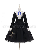 Master Reaper And Black Maid Series OP V-Neck Double Pleated Lace Flower Buttons Gold Rose Embroidery Simple Black Gothic Lolita Long Sleeve Dress coscarnival