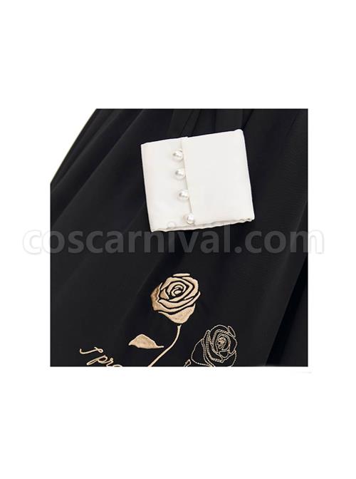 Master Reaper And Black Maid Series OP V-Neck Double Pleated Lace Flower Buttons Gold Rose Embroidery Simple Black Gothic Lolita Long Sleeve Dress coscarnival