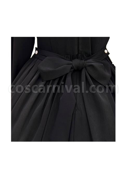 Master Reaper And Black Maid Series OP V-Neck Double Pleated Lace Flower Buttons Gold Rose Embroidery Simple Black Gothic Lolita Long Sleeve Dress coscarnival