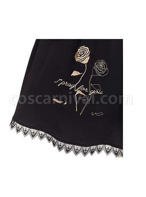Master Reaper And Black Maid Series OP V-Neck Double Pleated Lace Flower Buttons Gold Rose Embroidery Simple Black Gothic Lolita Long Sleeve Dress coscarnival
