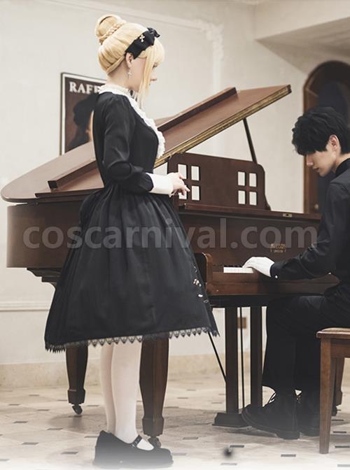 Master Reaper And Black Maid Series OP V-Neck Double Pleated Lace Flower Buttons Gold Rose Embroidery Simple Black Gothic Lolita Long Sleeve Dress coscarnival