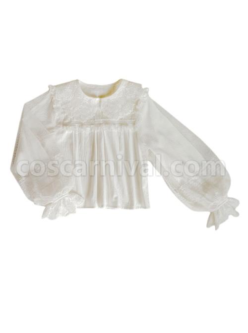 Meet Series Full Lace Hollow Out Embroidery Design Classic Lolita White Long Sleeve Shirt coscarnival