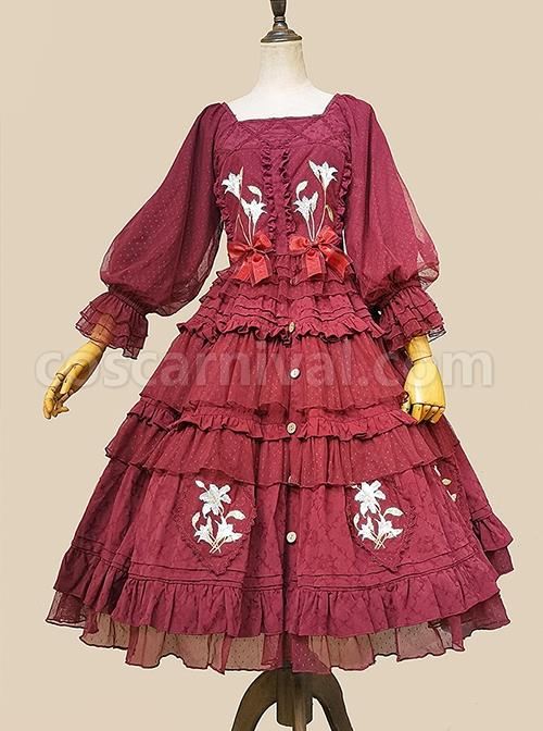 Melaleuca-Lily-Series-Elegant-Square-Neck-Lily-Embroidery-Polka-Dot-Lace-Long-Sleeved-Blouses-Classic-Lolita-Skirt-Set-coscarnival-2570