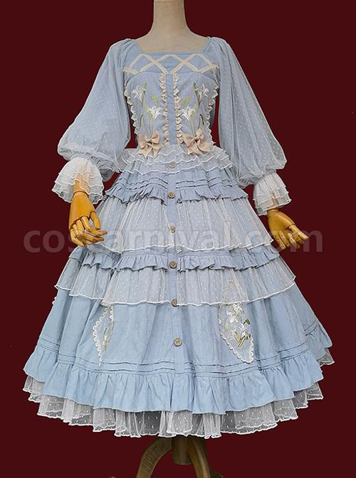 Melaleuca-Lily-Series-Elegant-Square-Neck-Lily-Embroidery-Polka-Dot-Lace-Long-Sleeved-Blouses-Classic-Lolita-Skirt-Set-coscarnival-2573