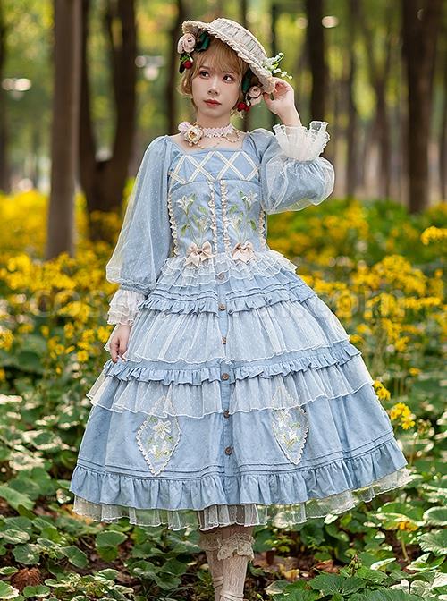 Melaleuca-Lily-Series-Elegant-Square-Neck-Lily-Embroidery-Polka-Dot-Lace-Long-Sleeved-Blouses-Classic-Lolita-Skirt-Set-coscarnival-2578