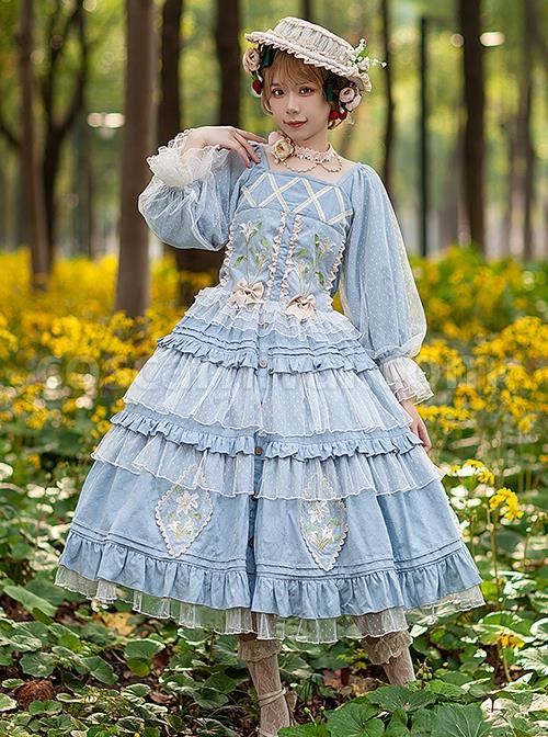 Melaleuca-Lily-Series-Elegant-Square-Neck-Lily-Embroidery-Polka-Dot-Lace-Long-Sleeved-Blouses-Classic-Lolita-Skirt-Set-coscarnival-2583