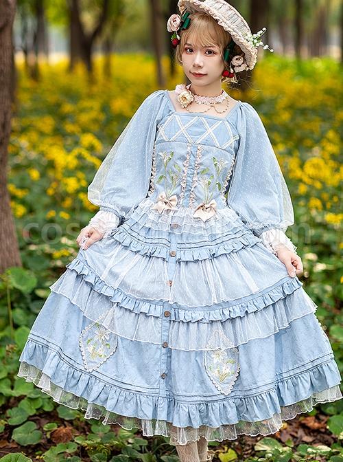 Melaleuca-Lily-Series-Elegant-Square-Neck-Lily-Embroidery-Polka-Dot-Lace-Long-Sleeved-Blouses-Classic-Lolita-Skirt-Set-coscarnival-2587