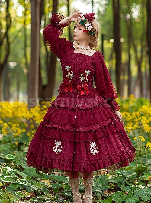 Melaleuca-Lily-Series-Elegant-Square-Neck-Lily-Embroidery-Polka-Dot-Lace-Long-Sleeved-Blouses-Classic-Lolita-Skirt-Set-coscarnival-2596