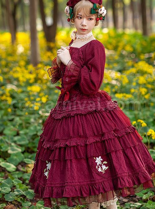 Melaleuca-Lily-Series-Elegant-Square-Neck-Lily-Embroidery-Polka-Dot-Lace-Long-Sleeved-Blouses-Classic-Lolita-Skirt-Set-coscarnival-2605