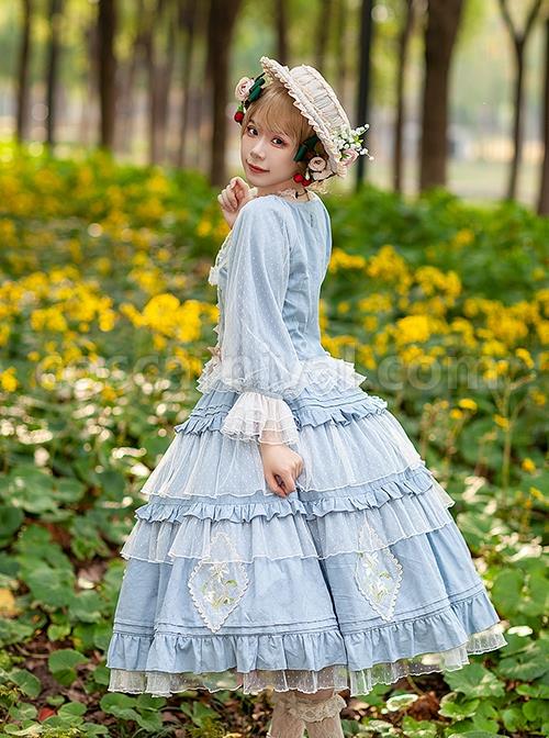 Melaleuca-Lily-Series-Elegant-Square-Neck-Lily-Embroidery-Polka-Dot-Lace-Long-Sleeved-Blouses-Classic-Lolita-Skirt-Set-coscarnival-2612