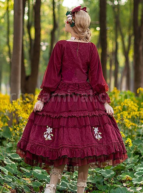 Melaleuca-Lily-Series-Elegant-Square-Neck-Lily-Embroidery-Polka-Dot-Lace-Long-Sleeved-Blouses-Classic-Lolita-Skirt-Set-coscarnival-2620