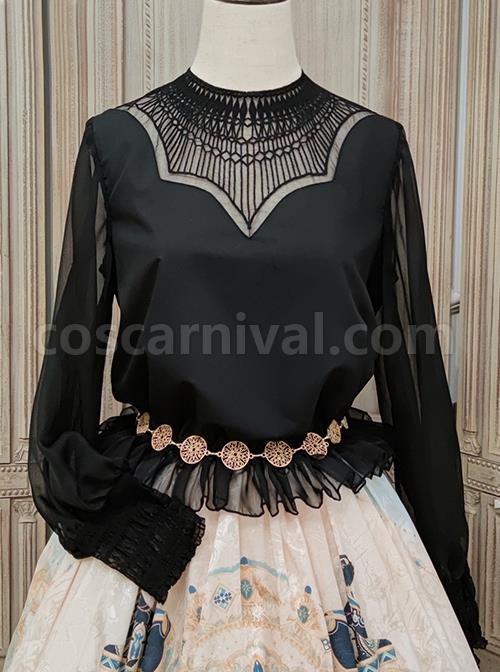 Mesh Lace Chest Irregular Cut Embroidered Cutout Crew Neck Classic Lolita Black Long Sleeve Shirt coscarnival