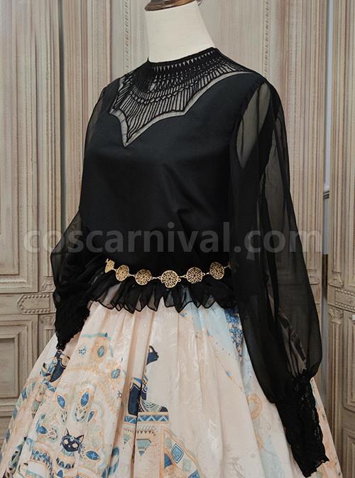 Mesh Lace Chest Irregular Cut Embroidered Cutout Crew Neck Classic Lolita Black Long Sleeve Shirt coscarnival