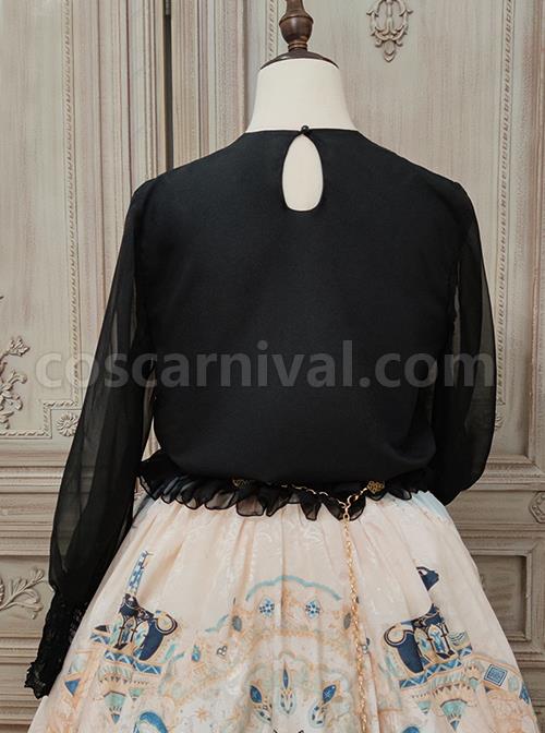 Mesh Lace Chest Irregular Cut Embroidered Cutout Crew Neck Classic Lolita Black Long Sleeve Shirt coscarnival
