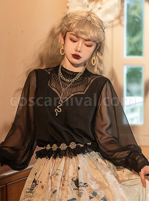 Mesh Lace Chest Irregular Cut Embroidered Cutout Crew Neck Classic Lolita Black Long Sleeve Shirt coscarnival