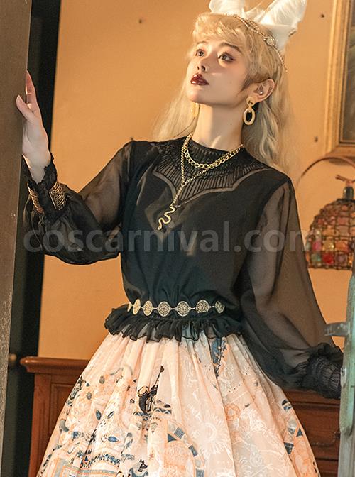 Mesh Lace Chest Irregular Cut Embroidered Cutout Crew Neck Classic Lolita Black Long Sleeve Shirt coscarnival