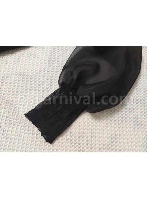 Mesh Lace Chest Irregular Cut Embroidered Cutout Crew Neck Classic Lolita Black Long Sleeve Shirt coscarnival