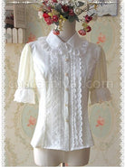Milky White Elegance Lace Glass Stripes Short Sleeve Lolita Shirt coscarnival