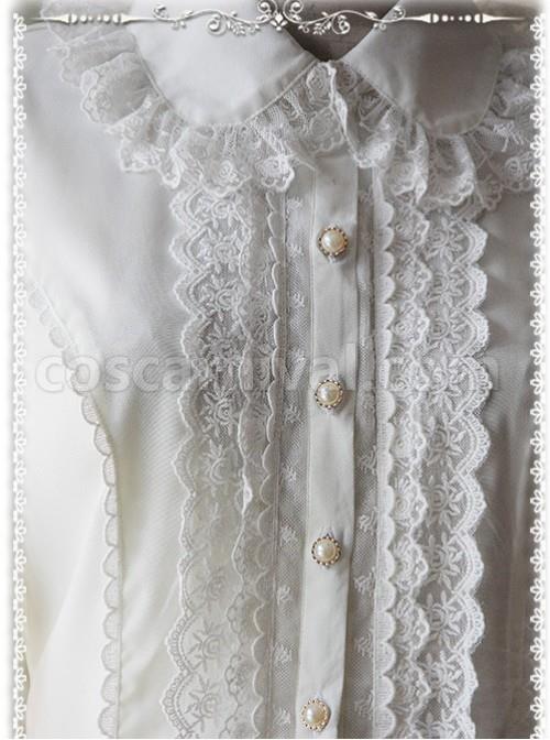 Milky White Elegance Lace Glass Stripes Short Sleeve Lolita Shirt coscarnival