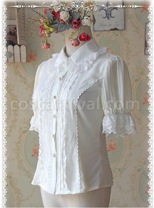 Milky White Elegance Lace Glass Stripes Short Sleeve Lolita Shirt coscarnival