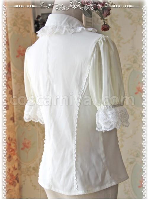 Milky White Elegance Lace Glass Stripes Short Sleeve Lolita Shirt coscarnival