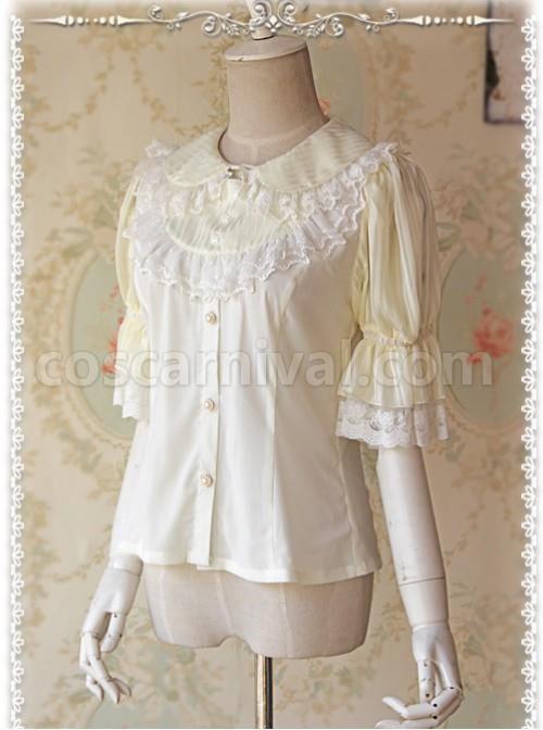 Milky White Glass Striped Doll Collar Lolita Bubble Sleeve Shirt coscarnival