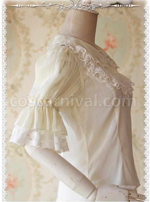 Milky White Glass Striped Doll Collar Lolita Bubble Sleeve Shirt coscarnival