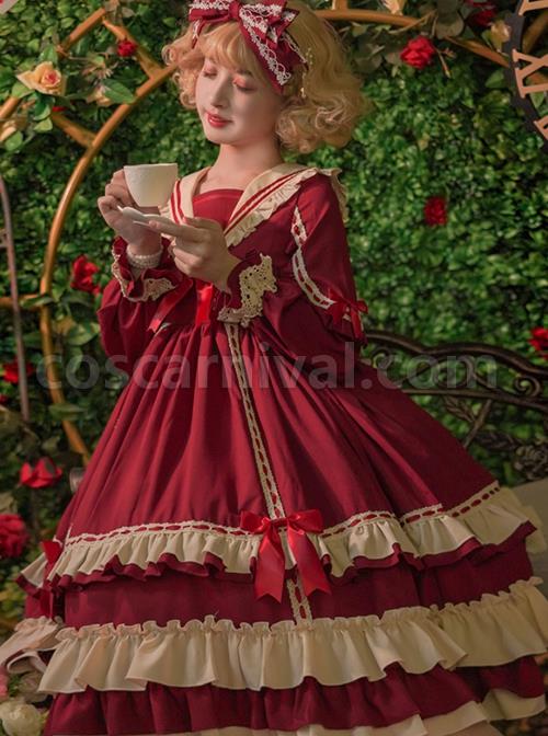 Miss-Betty-Series-Solid-Color-Daily-Spring-Autumn-Striped-V-Neck-Red-Bow-Knot-Decoration-Classic-Lolita-Long-Sleeved-Dress-coscarnival-2518