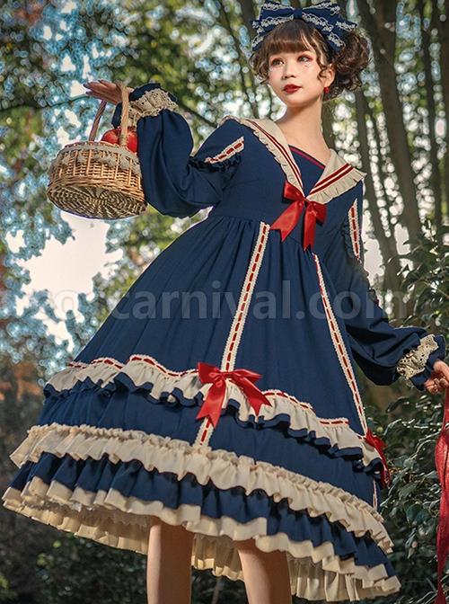 Miss-Betty-Series-Solid-Color-Daily-Spring-Autumn-Striped-V-Neck-Red-Bow-Knot-Decoration-Classic-Lolita-Long-Sleeved-Dress-coscarnival-2542